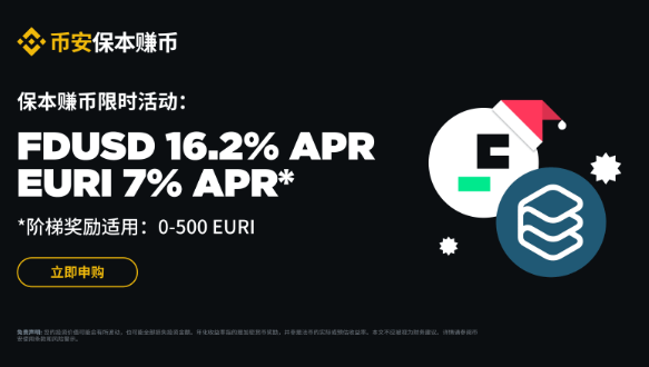 保本赚币年终福利：申购FDUSD享16.2% 、申购EURI享7%独家年化收益奖励